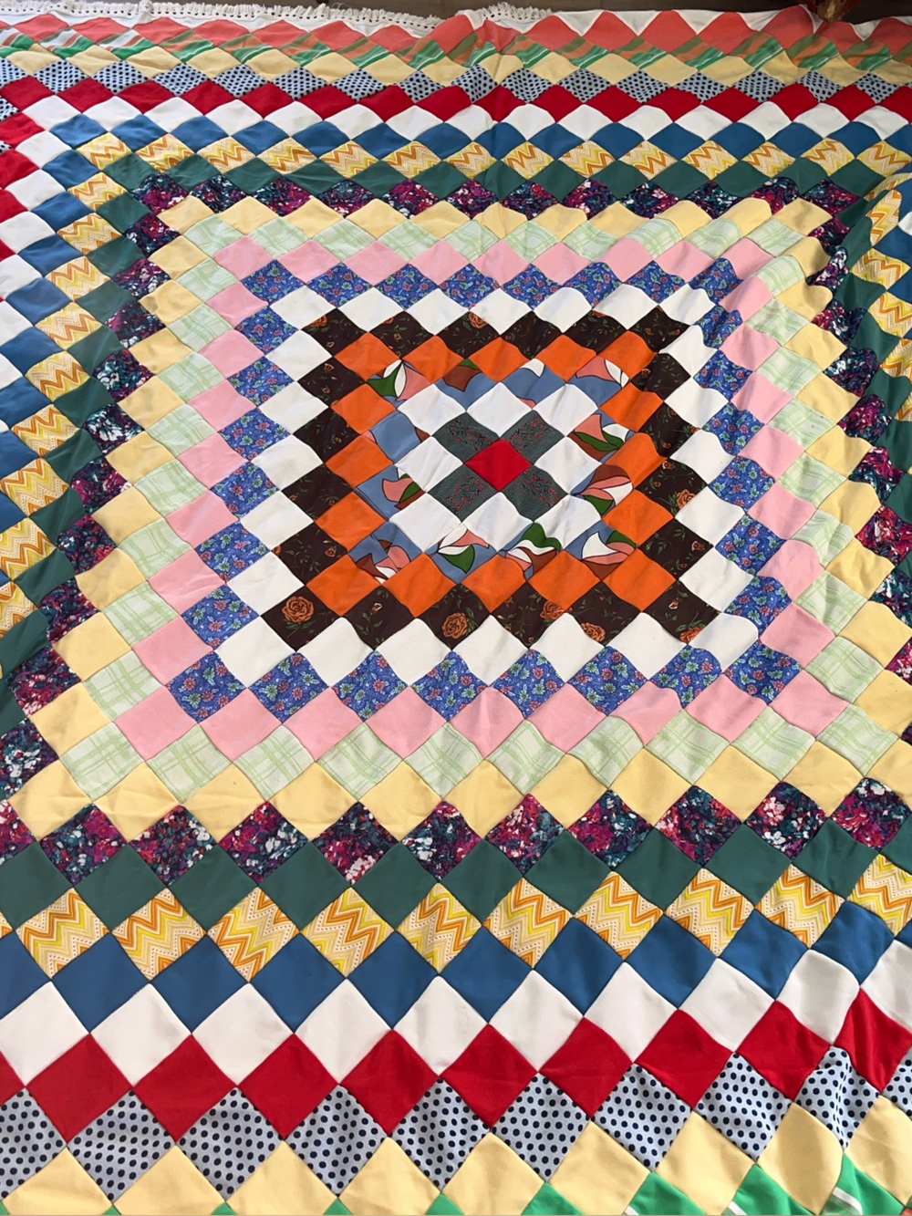 Vintage Handmade Patchwork Quilt 102" x 102" Queen/King w/ Fringe Multicolor